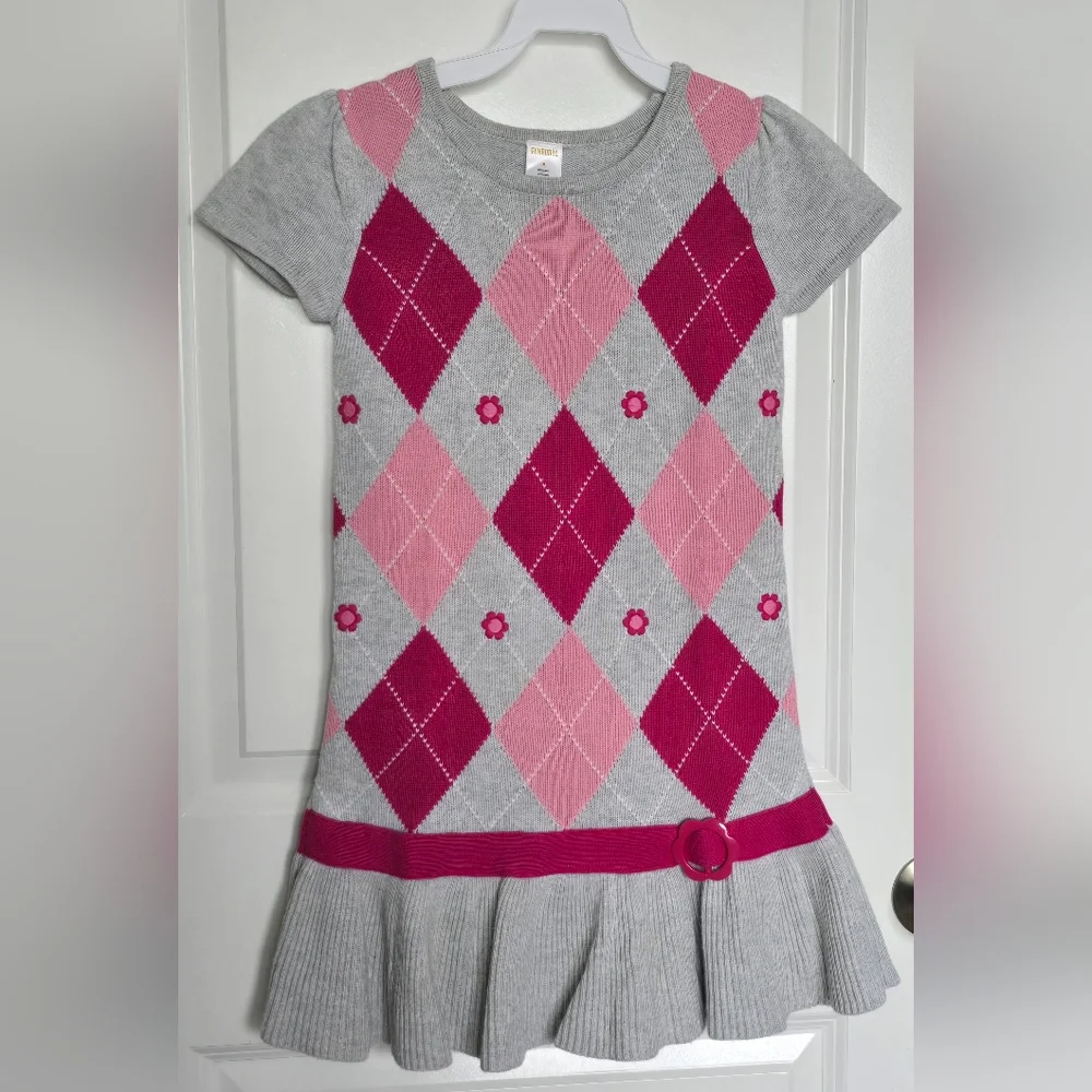 Gymboree Girls Argyle Sweater Dress Pink Gray‎ Belted Size 8